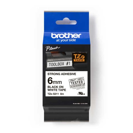 Páska Brother TZE-S211 bílá/černý tisk, 6 mm, silné lepidlo